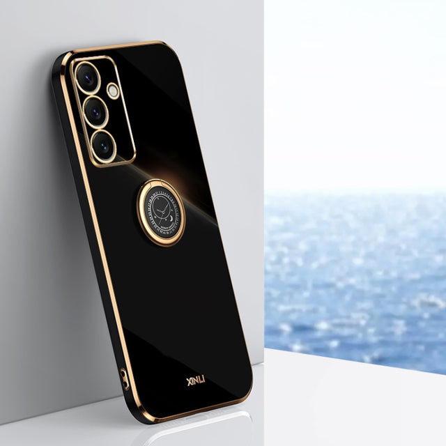 For Samsung Galaxy S24 FE 5G XINLI Straight 6D Plating Gold Edge TPU Shockproof Case with Ring Holder(Black)