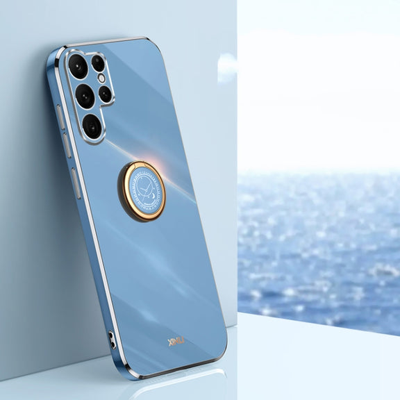 For Samsung Galaxy S25 Ultra 5G XINLI Straight 6D Plating Gold Edge TPU Shockproof Case with Ring Holder(Celestial Blue)