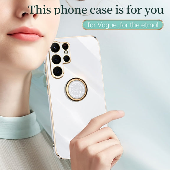 For Samsung Galaxy S25 Ultra 5G XINLI Straight 6D Plating Gold Edge TPU Shockproof Case with Ring Holder(Cherry Purple)