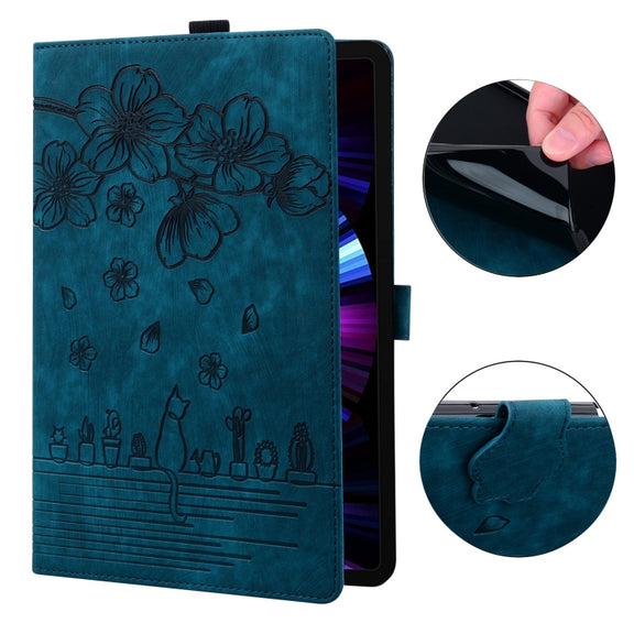 For OnePlus Pad / Pad Pro 12.1 Cartoon Sakura Cat Embossed Leather Tablet Case(Blue)