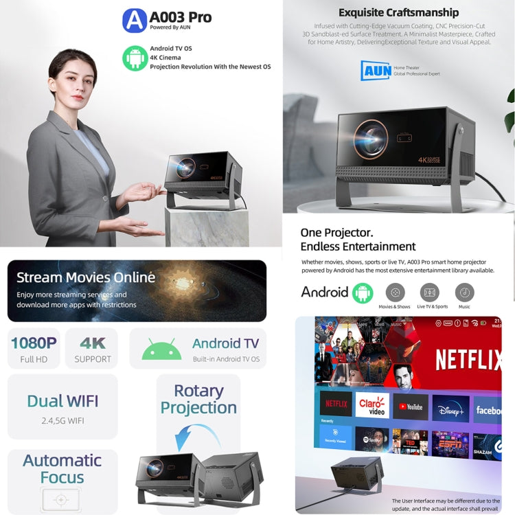 AUN A003 Pro 1920 x 1080P 350 Lumens Portable Home Theater LED HD Digital Projector, UK Plug(Grey)