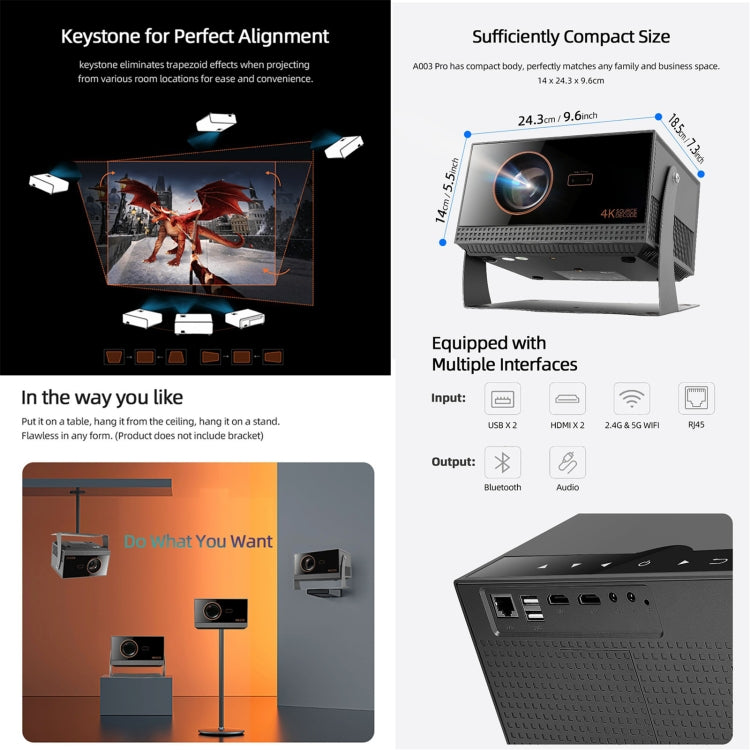 AUN A003 Pro 1920 x 1080P 350 Lumens Portable Home Theater LED HD Digital Projector, UK Plug(Grey)
