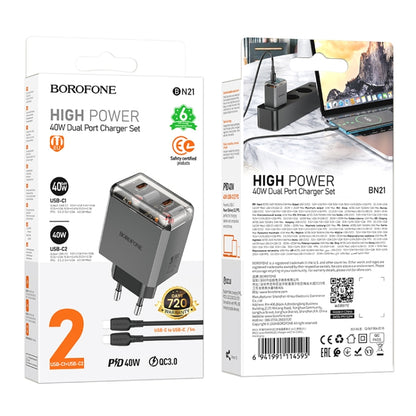 BOROFONE BN21 PD 40W 2 Type-C Charger with 1m Type-C to Type-C Cable Set, For:EU Plug(Tarnish) - USB Charger by Borofone | Online Shopping South Africa | PMC Jewellery | Buy Now Pay Later Mobicred