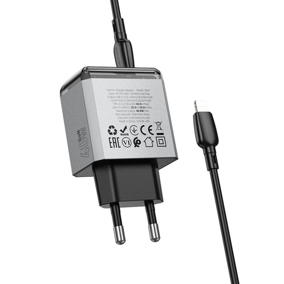 BOROFONE BN21 PD 40W 2 Type-C Charger with 1m Type-C to 8 Pin Cable Set, For:EU Plug(Tarnish)