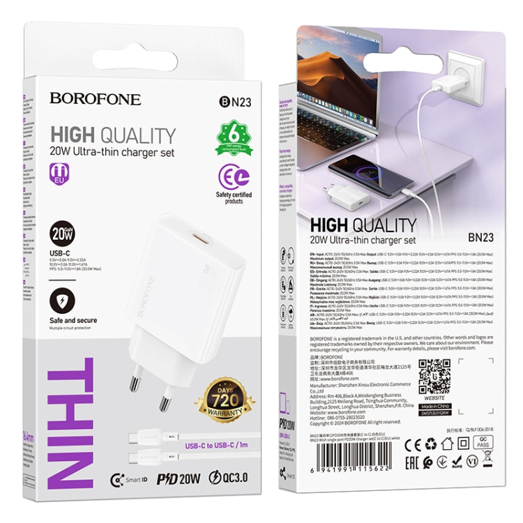 BOROFONE BN23 PD 20W Type-C Charger with 1m Type-C to Type-C Cable Set, Plug Type:EU Plug(White) - USB Charger by Borofone | Online Shopping South Africa | PMC Jewellery | Buy Now Pay Later Mobicred