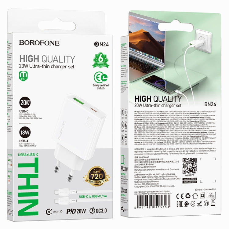 BOROFONE BN24 PD 20W USB, Type-C Charger with 1m Type-C to Type-C Cable Set, Plug Type:EU Plug(White) - USB Charger by Borofone | Online Shopping South Africa | PMC Jewellery | Buy Now Pay Later Mobicred