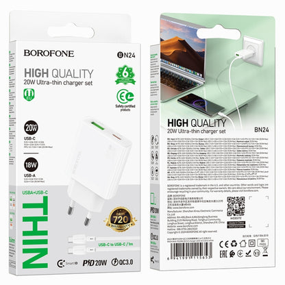 BOROFONE BN24 PD 20W USB, Type-C Charger with 1m Type-C to Type-C Cable Set, Plug Type:EU Plug(White) - USB Charger by Borofone | Online Shopping South Africa | PMC Jewellery | Buy Now Pay Later Mobicred