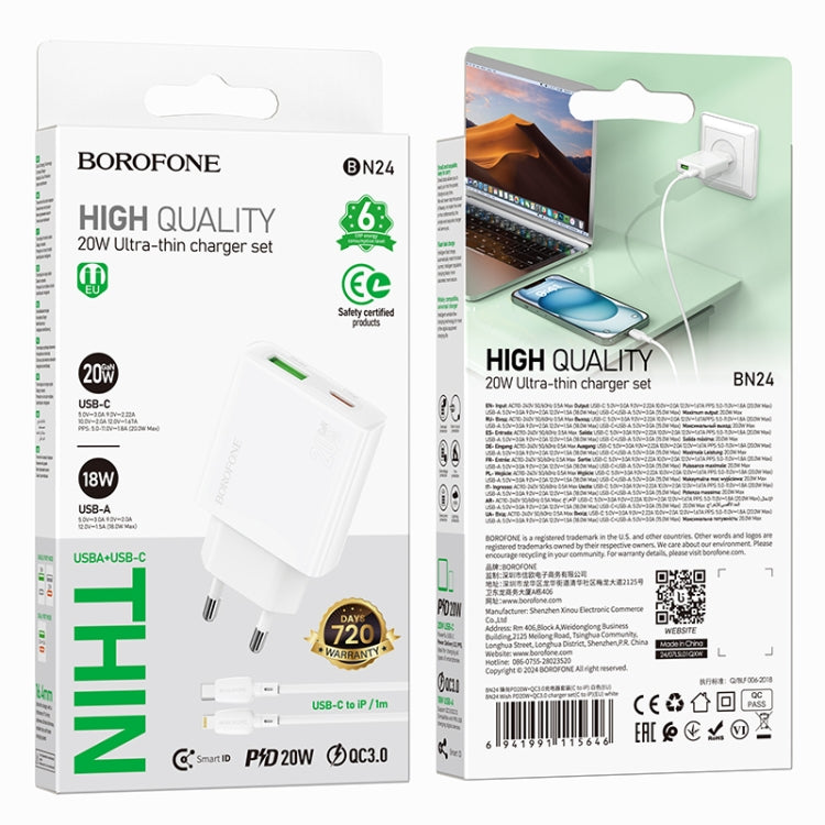 BOROFONE BN24 PD 20W USB, Type-C Charger with 1m Type-C to 8 Pin Cable Set, Plug Type:EU Plug(White) - free shipping - PMC Jewellery - Order now!
