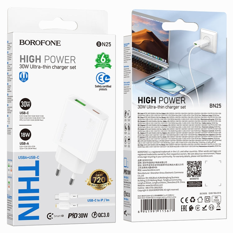BOROFONE BN25 PD 30W USB, Type-C Charger with 1m Type-C to 8 Pin Cable Set, Plug Type:EU Plug(White) - USB Charger by Borofone | Online Shopping South Africa | PMC Jewellery | Buy Now Pay Later Mobicred