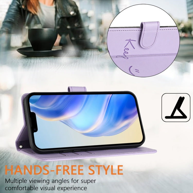 For iPhone 16e Smile Embossing RFID Leather Phone Case(Light Purple) - iPhone 16e Cases by PMC TechLife | Online Shopping South Africa | PMC TechLife | Buy Now Pay Later Mobicred