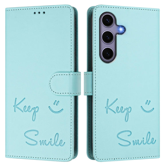 For Samsung Galaxy S25 5G Smile Embossing RFID Leather Phone Case(Mint Green)