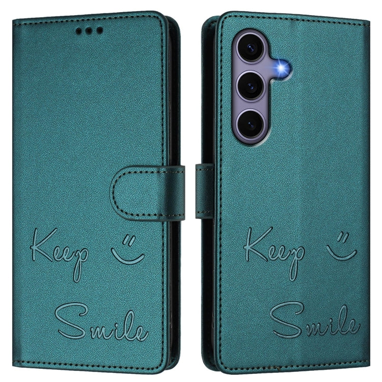 For Samsung Galaxy S25 5G Smile Embossing RFID Leather Phone Case(Peacock Green) - Galaxy S25 5G Cases by PMC TechLife | Online Shopping South Africa | PMC TechLife | Buy Now Pay Later Mobicred