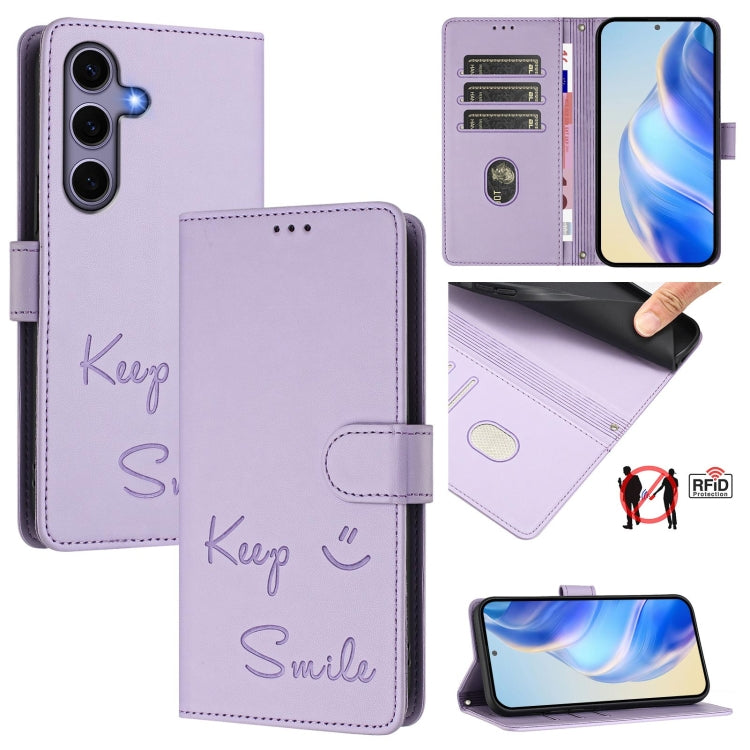 For Samsung Galaxy S25 5G Smile Embossing RFID Leather Phone Case(Light Purple) - Galaxy S25 5G Cases by PMC TechLife | Online Shopping South Africa | PMC TechLife | Buy Now Pay Later Mobicred