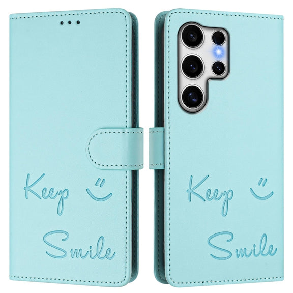 For Samsung Galaxy S25 Ultra 5G Smile Embossing RFID Leather Phone Case(Mint Green)