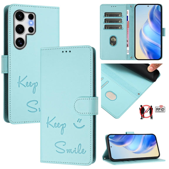 For Samsung Galaxy S25 Ultra 5G Smile Embossing RFID Leather Phone Case(Mint Green)