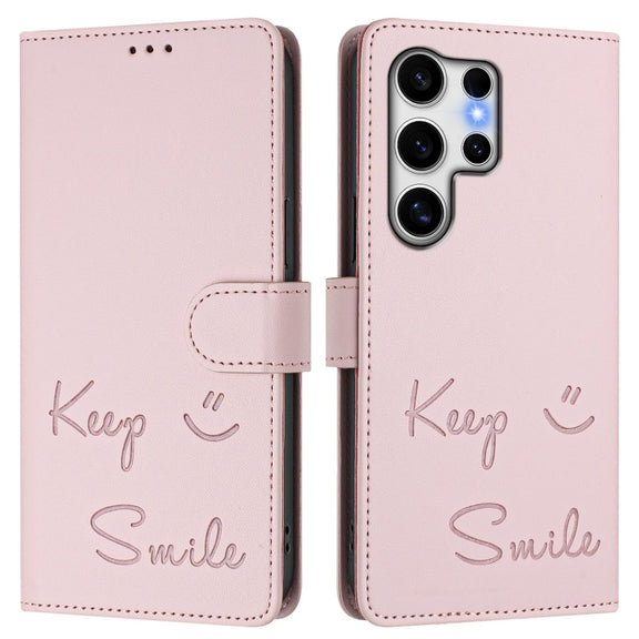 For Samsung Galaxy S25 Ultra 5G Smile Embossing RFID Leather Phone Case(Pink)