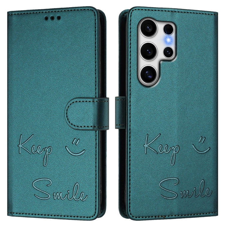For Samsung Galaxy S25 Ultra 5G Smile Embossing RFID Leather Phone Case(Peacock Green)