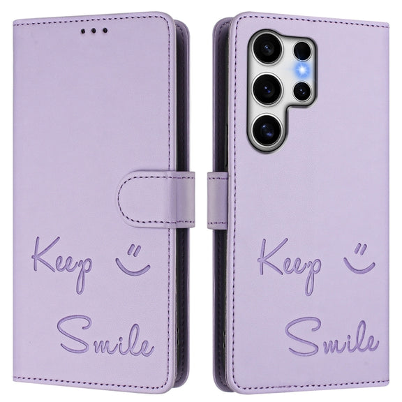 For Samsung Galaxy S25 Ultra 5G Smile Embossing RFID Leather Phone Case(Light Purple)