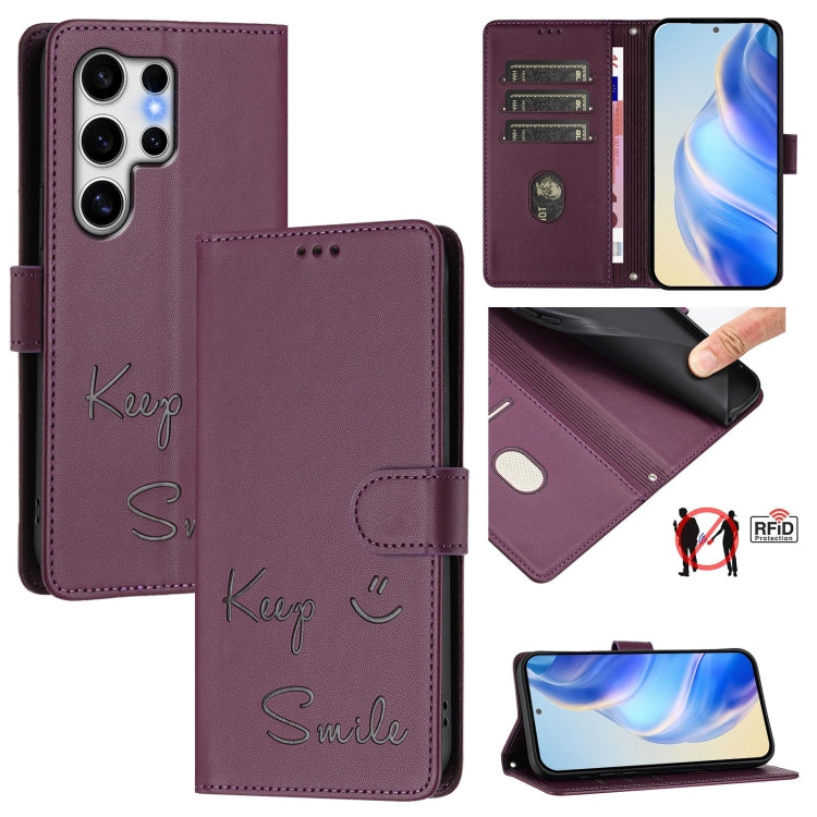 For Samsung Galaxy S25 Ultra 5G Smile Embossing RFID Leather Phone Case(Violet) - free shipping - PMC TechLife - Order now!
