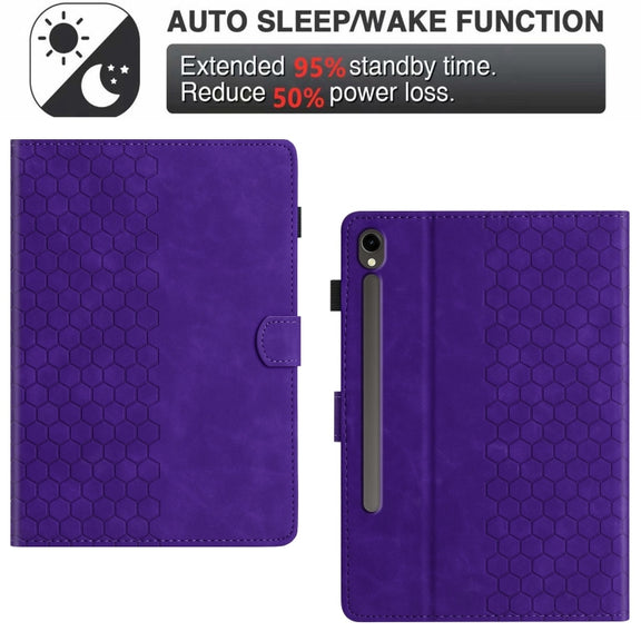 For Samsung Galaxy Tab S9 / S9 FE Honeycomb Embossed Leather Smart Tablet Case(Purple)