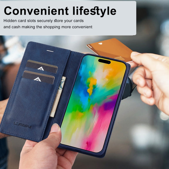 For iPhone 16 Pro LC.IMEEKE RFID Anti-theft Leather Phone Case(Blue)