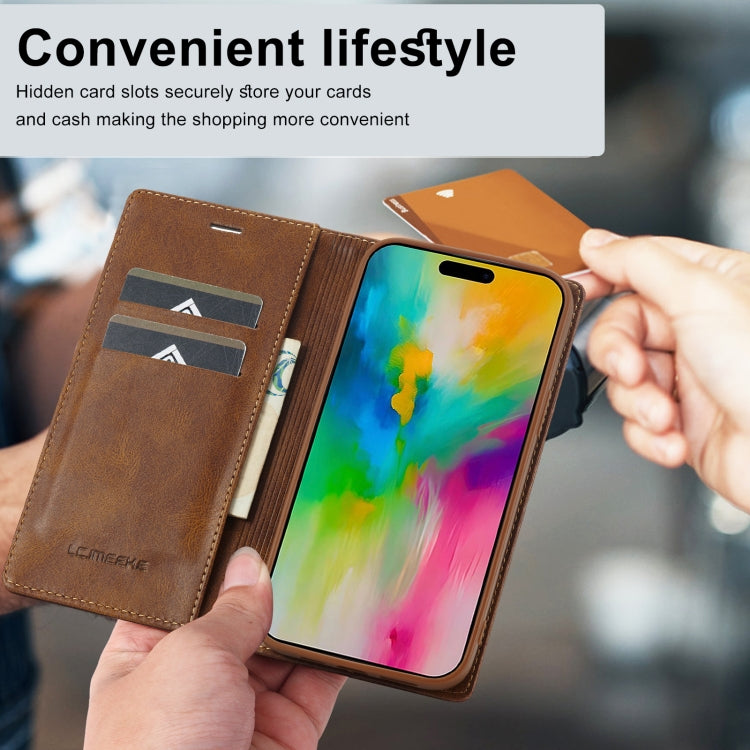 For iPhone 16 Pro LC.IMEEKE RFID Anti-theft Leather Phone Case(Brown)