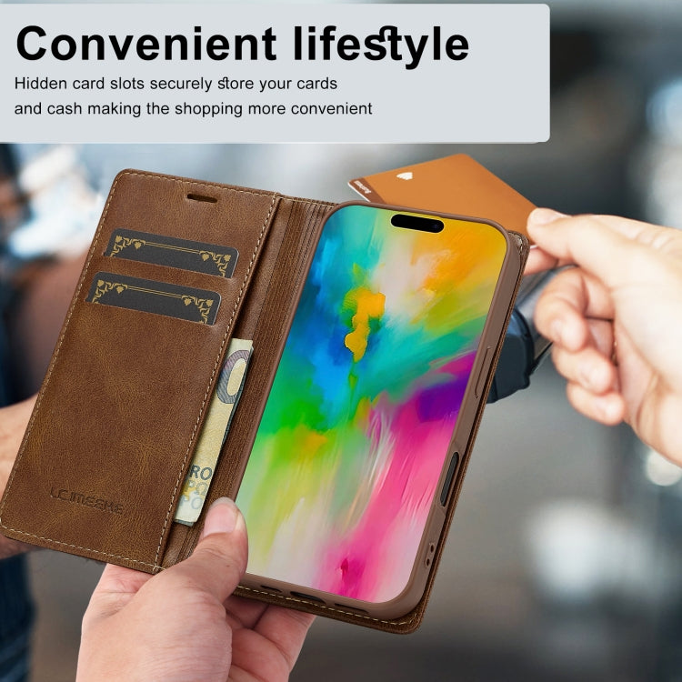 For iPhone 16 Plus LC.IMEEKE RFID Anti-theft Leather Phone Case(Brown)