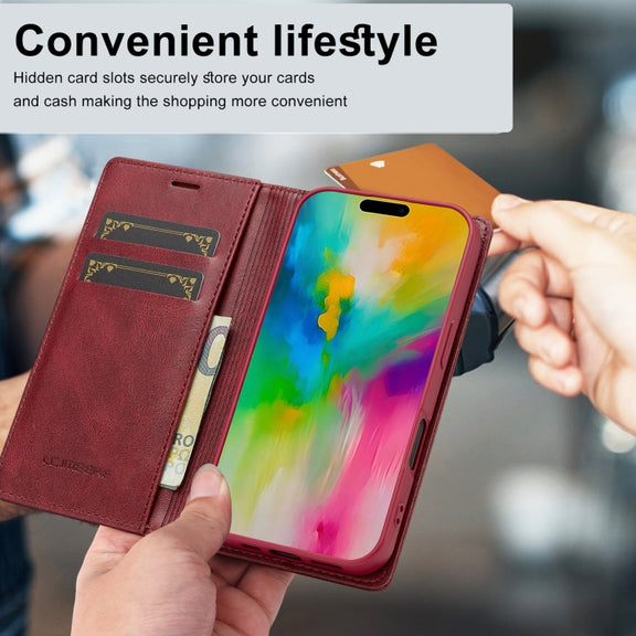 For iPhone 16 LC.IMEEKE RFID Anti-theft Leather Phone Case(Red)