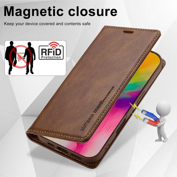 For iPhone 16 LC.IMEEKE RFID Anti-theft Leather Phone Case(Brown)
