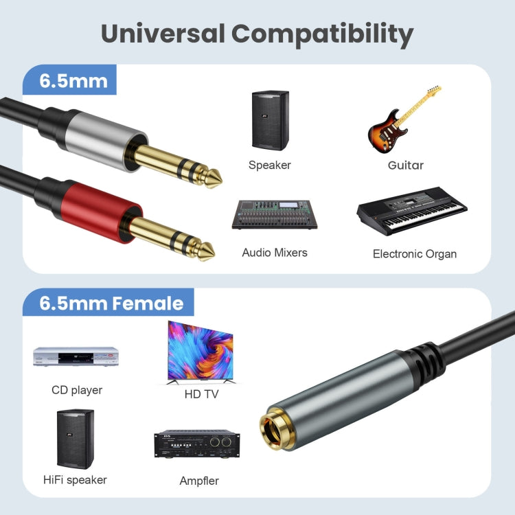 2m Gold Plated 6.35mm Female to 2 x 6.35mm Male Stereo Audio Adapter Y Splitter Cable(Black) - Video & Audio Cable by PMC Jewellery | Online Shopping South Africa | PMC Jewellery | Buy Now Pay Later Mobicred