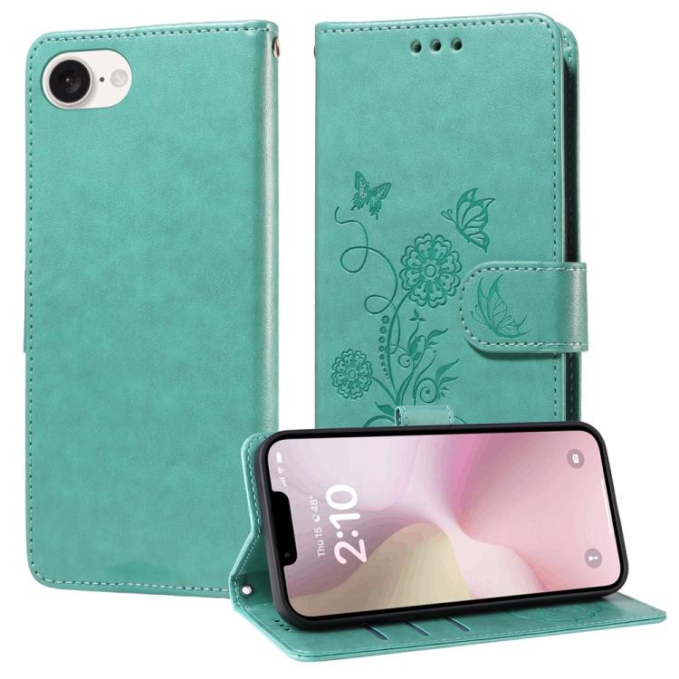 For iPhone 16e Embossed Butterfly Flowers Leather Phone Case(Green) - iPhone 16e Cases by PMC TechLife | Online Shopping South Africa | PMC TechLife | Buy Now Pay Later Mobicred