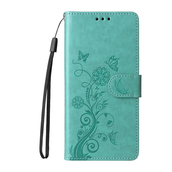 For iPhone 16e Embossed Butterfly Flowers Leather Phone Case(Green)