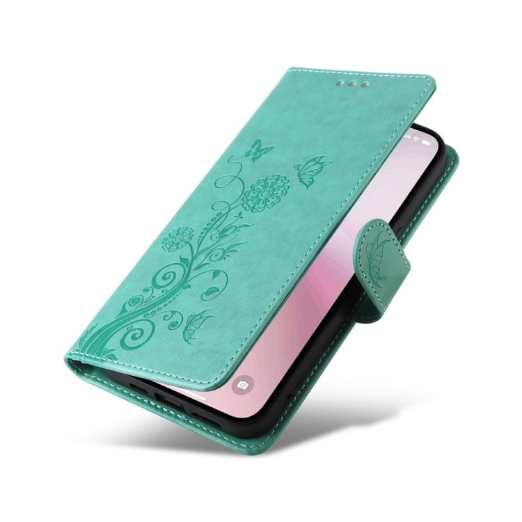 For iPhone 16e Embossed Butterfly Flowers Leather Phone Case(Green) - iPhone 16e Cases by PMC TechLife | Online Shopping South Africa | PMC TechLife | Buy Now Pay Later Mobicred