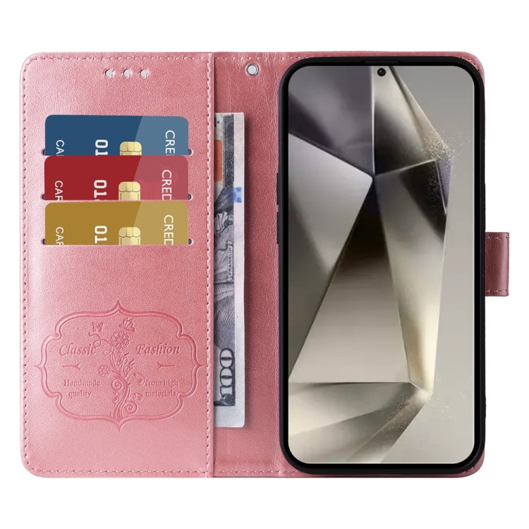 For Samsung Galaxy S25 Ultra 5G Embossed Butterfly Flowers Leather Phone Case(Rose Gold)