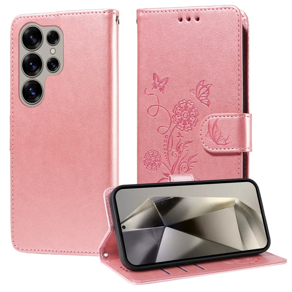 For Samsung Galaxy S25 Ultra 5G Embossed Butterfly Flowers Leather Phone Case(Rose Gold)