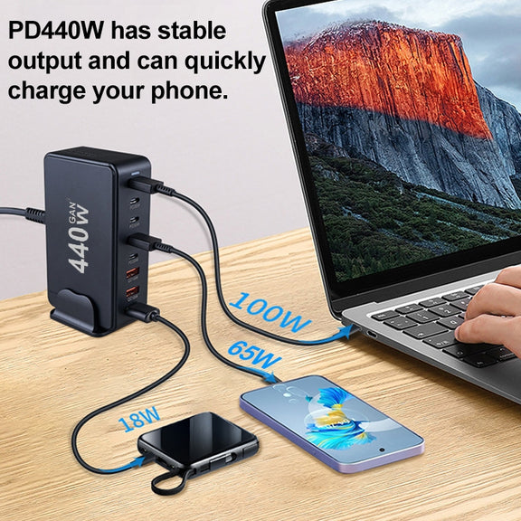 440W GaN USB Power Adapter Travel Charger with 3 x USB, 5 x PD Port, Plug:EU Plug(White)