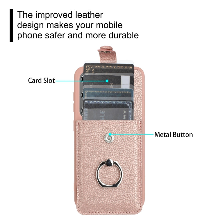 For Samsung Galaxy S25 5G Litchi Texture Drawing Card Bag Ring Holder Phone Case(Rose Gold)