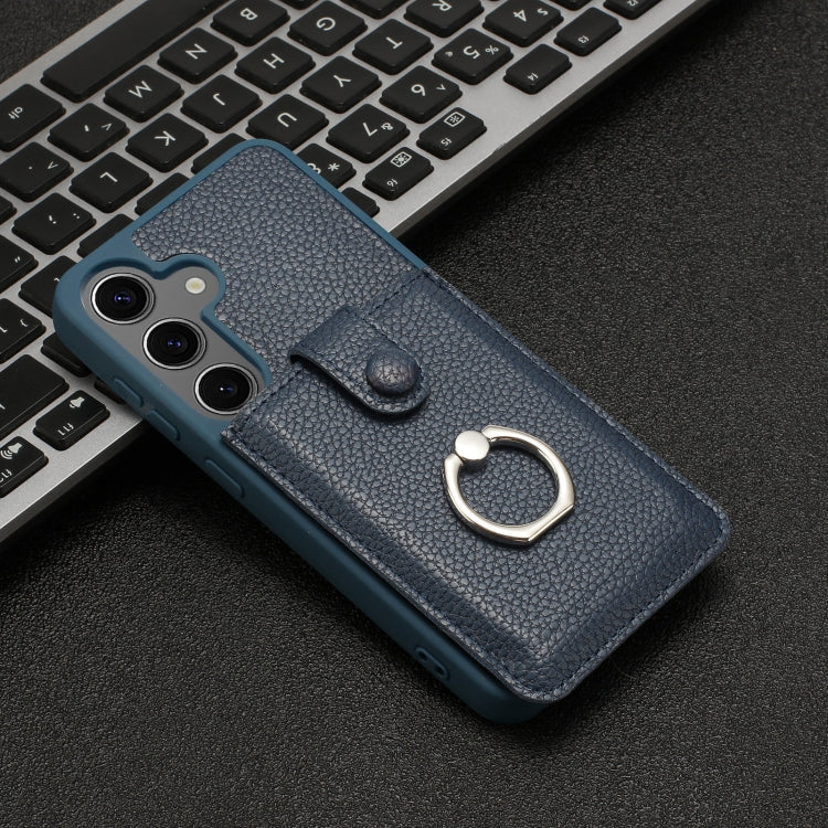 For Samsung Galaxy S25+ 5G Litchi Texture Drawing Card Bag Ring Holder Phone Case(Blue) - Galaxy S25+ 5G Cases by PMC Jewellery | Online Shopping South Africa | PMC Jewellery | Buy Now Pay Later Mobicred