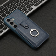 For Samsung Galaxy S25+ 5G Litchi Texture Drawing Card Bag Ring Holder Phone Case(Blue)