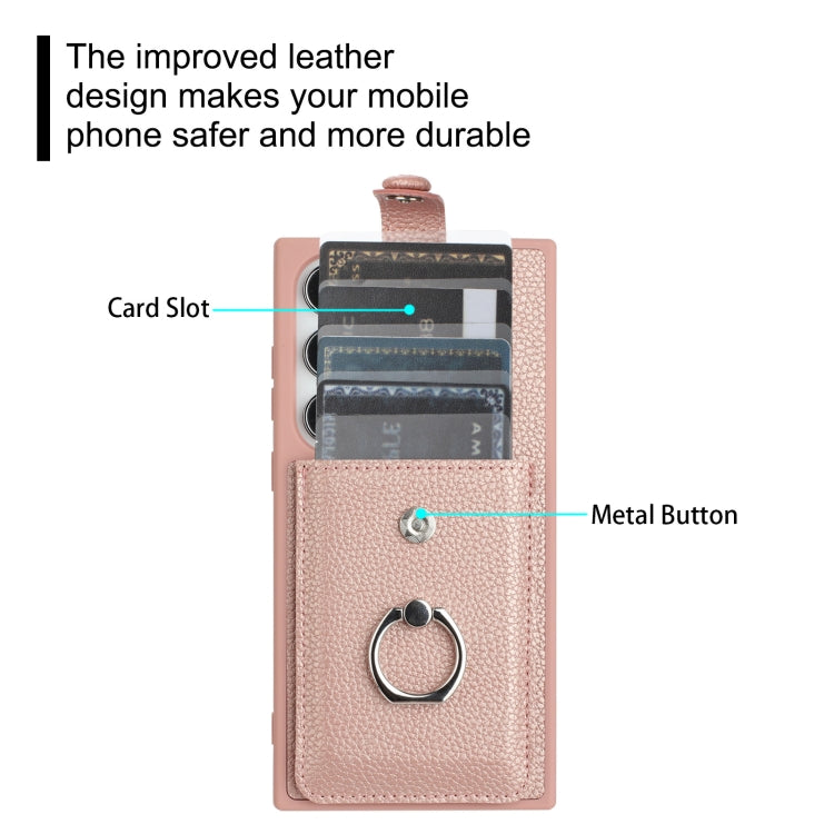 For Samsung Galaxy S25 Ultra 5G Litchi Texture Drawing Card Bag Ring Holder Phone Case(Rose Gold) - Galaxy S25 Ultra 5G Cases by PMC Jewellery | Online Shopping South Africa | PMC Jewellery | Buy Now Pay Later Mobicred
