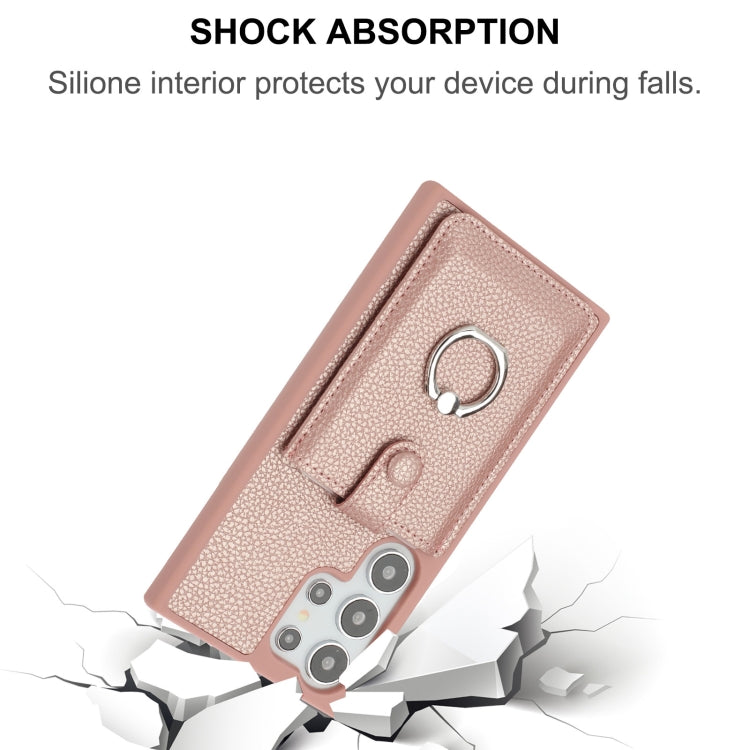 For Samsung Galaxy S25 Ultra 5G Litchi Texture Drawing Card Bag Ring Holder Phone Case(Rose Gold) - Galaxy S25 Ultra 5G Cases by PMC Jewellery | Online Shopping South Africa | PMC Jewellery | Buy Now Pay Later Mobicred