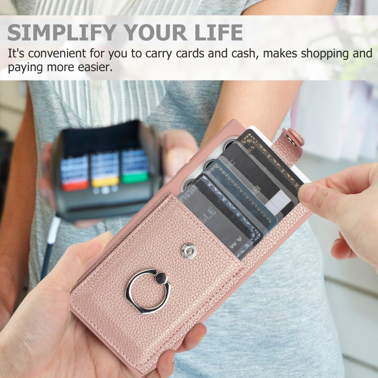 For Samsung Galaxy S25 Ultra 5G Litchi Texture Drawing Card Bag Ring Holder Phone Case(Rose Gold) - Galaxy S25 Ultra 5G Cases by PMC Jewellery | Online Shopping South Africa | PMC Jewellery | Buy Now Pay Later Mobicred