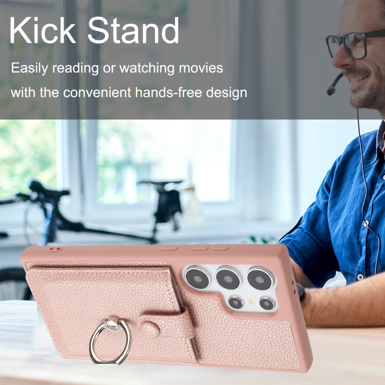 For Samsung Galaxy S25 Ultra 5G Litchi Texture Drawing Card Bag Ring Holder Phone Case(Wine Red) - Galaxy S25 Ultra 5G Cases by PMC Jewellery | Online Shopping South Africa | PMC Jewellery | Buy Now Pay Later Mobicred