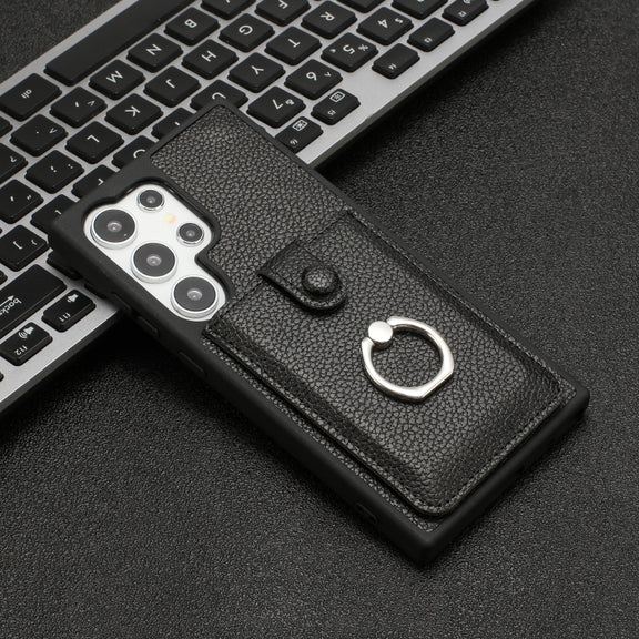 For Samsung Galaxy S25 Ultra 5G Litchi Texture Drawing Card Bag Ring Holder Phone Case(Black)