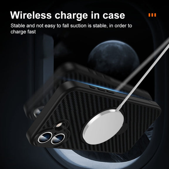 For iPhone 16 Plus Carbon Fiber MagSafe 360 Degree Rotating Holder Phone Case(Black)