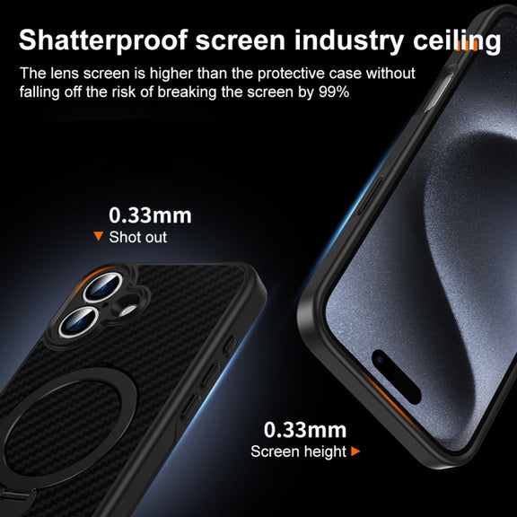 For iPhone 16 Plus Carbon Fiber MagSafe 360 Degree Rotating Holder Phone Case(Black)