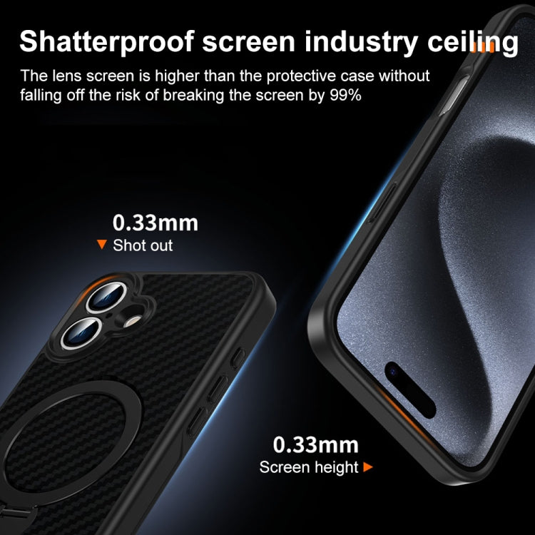 For iPhone 16 Plus Carbon Fiber MagSafe 360 Degree Rotating Holder Phone Case(Black)