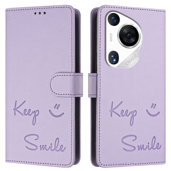 For Huawei Pura 70 Pro Smile Embossing RFID Leather Phone Case(Light Purple)