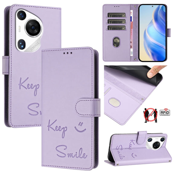For Huawei Pura 70 Pro Smile Embossing RFID Leather Phone Case(Light Purple)
