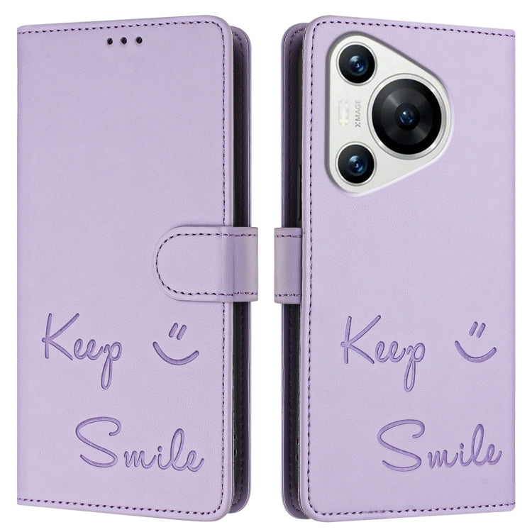 For Huawei Pura 70 Smile Embossing RFID Leather Phone Case(Light Purple)